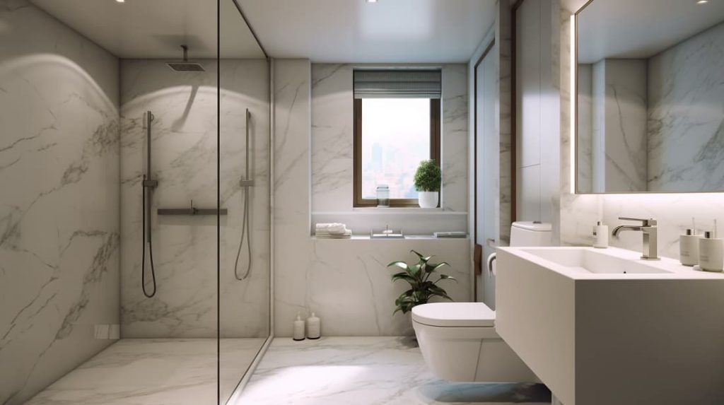 עיצוב חדר מקלחת בדירה בבנייה חדשה, כלים סניטריים לבנים עם משטח שיש