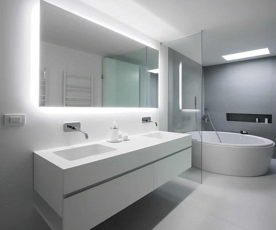 עיצוב חדר אמבטיה בצבע לבן בשילוב מראה גדולה וגופי תאורה מוסתרים