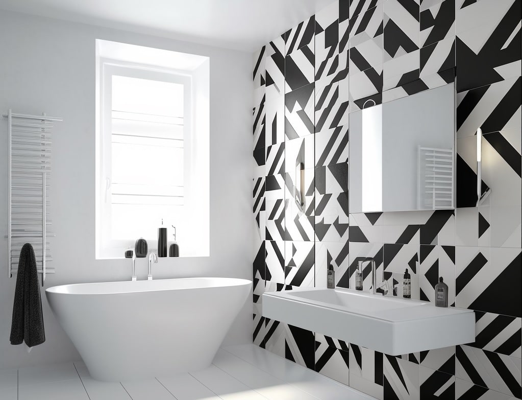 חדר אמבטיה לבן עם קיר בודד בגוונים שחור לבן