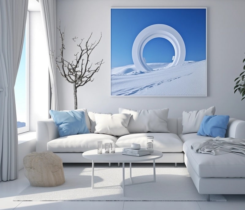 סלון לבן עם עם תמונה בגווני התכלת לבן, חלון ממנו נשקפים שמים כחולים וכריות בגוון תכלת